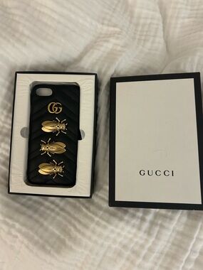 Gucci Black Quilted Phone Case with Gold Bee & Double G Accents